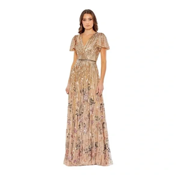 Mac Duggal Floral Sequins Flounce Sleeve V Neck Gown Copper 5637 NWT - Picture 1 of 9